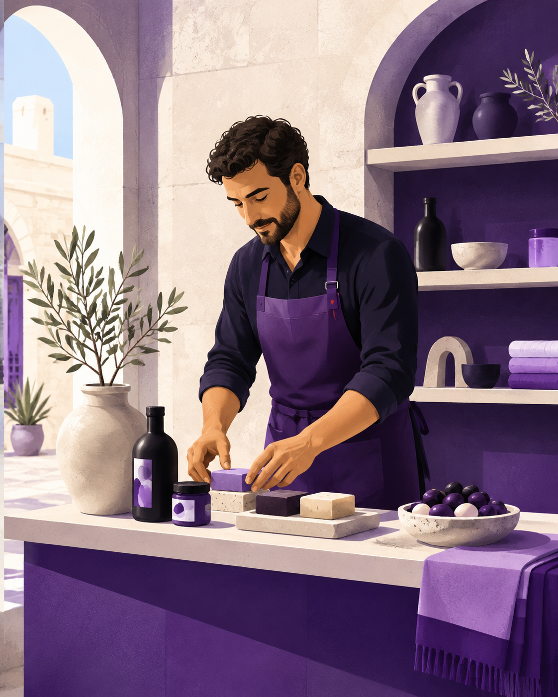 An independent Maltese shop owner carefully arranging locally made products